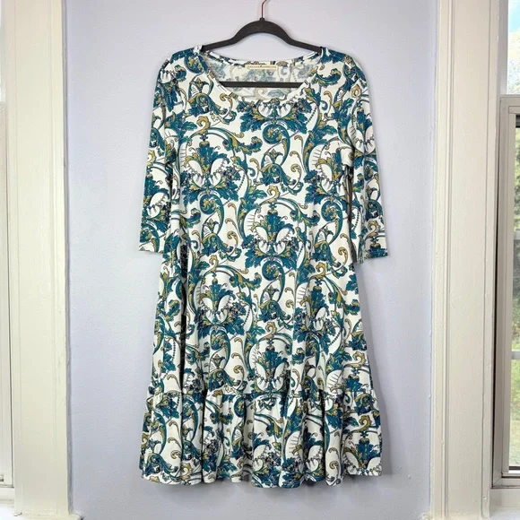 Like New! Peruvian Connection long sleeve white blue paisley short dress size S - Picture 2 of 8